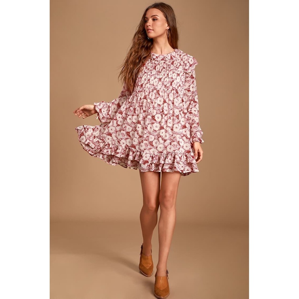 Free People Mini Dress These Dreams L Red Tea Floral Pleated Ruffle Cottagecore